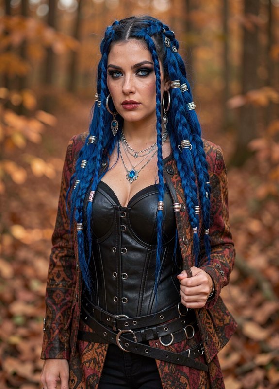 Woman with bright blue braided hair in gothic fantasy attire stands in a sunlit autumn forest