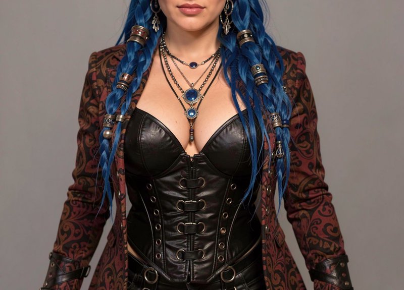 Cropped studio shot of a woman with bright blue braids wearing a steampunk leather corset and orn...