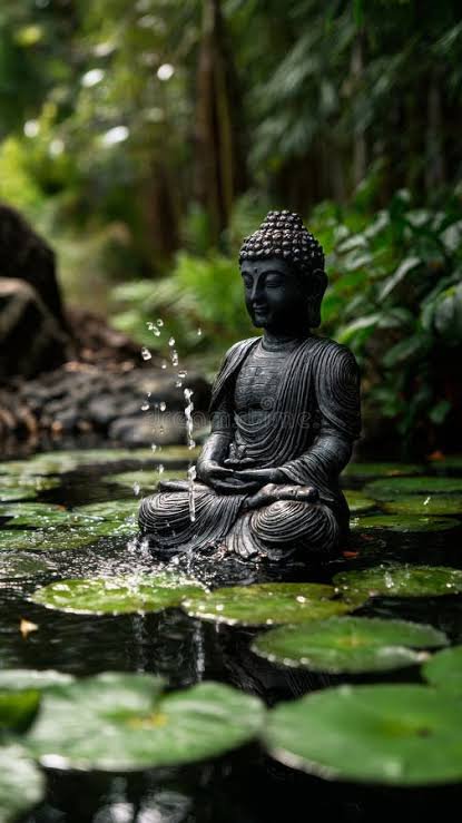 Dark carved stone Buddha seated in a lily pad pond with splashing water in lush green forest