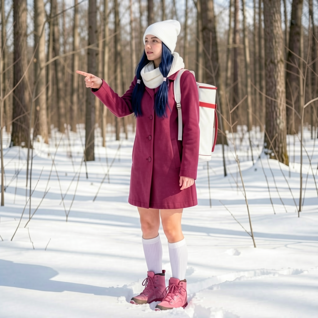 Young woman with long blue hair in winter outerwear points while standing in a sunlit snowy bare forest.