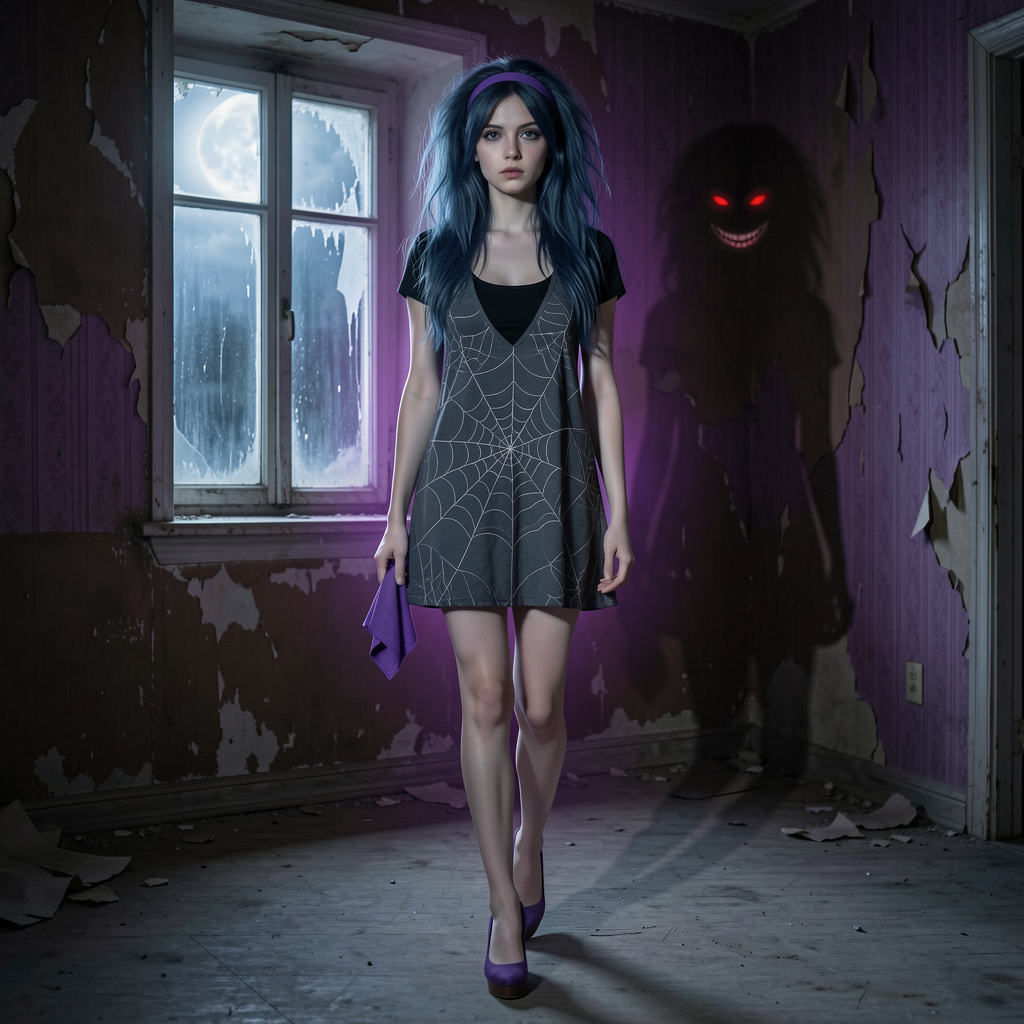 Young woman with blue hair in a spiderweb dress stands in a peeling haunted room as a glowing red-eyed shadow looms behind