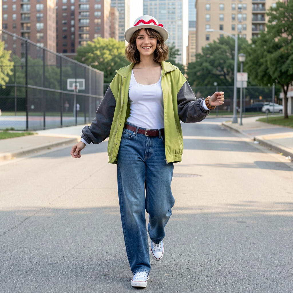 Smiling young woman in casual streetwear and a playful hat walks across a sunlit city residential street