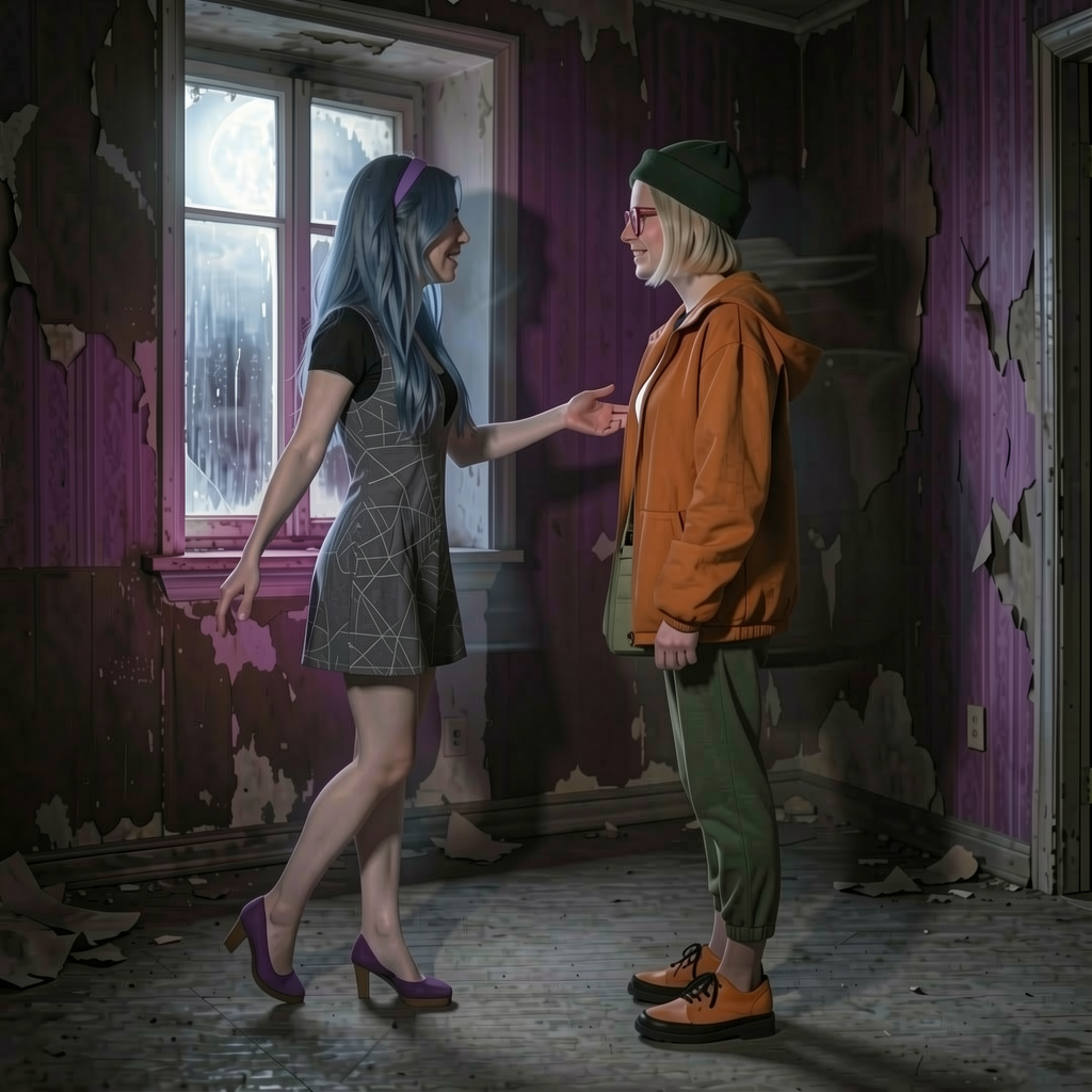 Two stylized young women smile and converse face to face inside a peeling dilapidated room at night