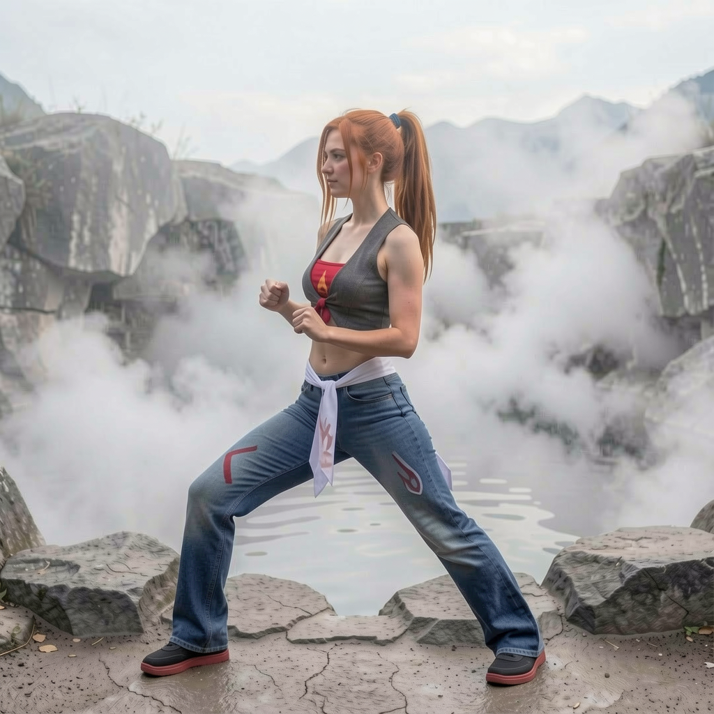 Red haired woman in a martial arts fighting stance stands beside a steaming misty geothermal hot spring