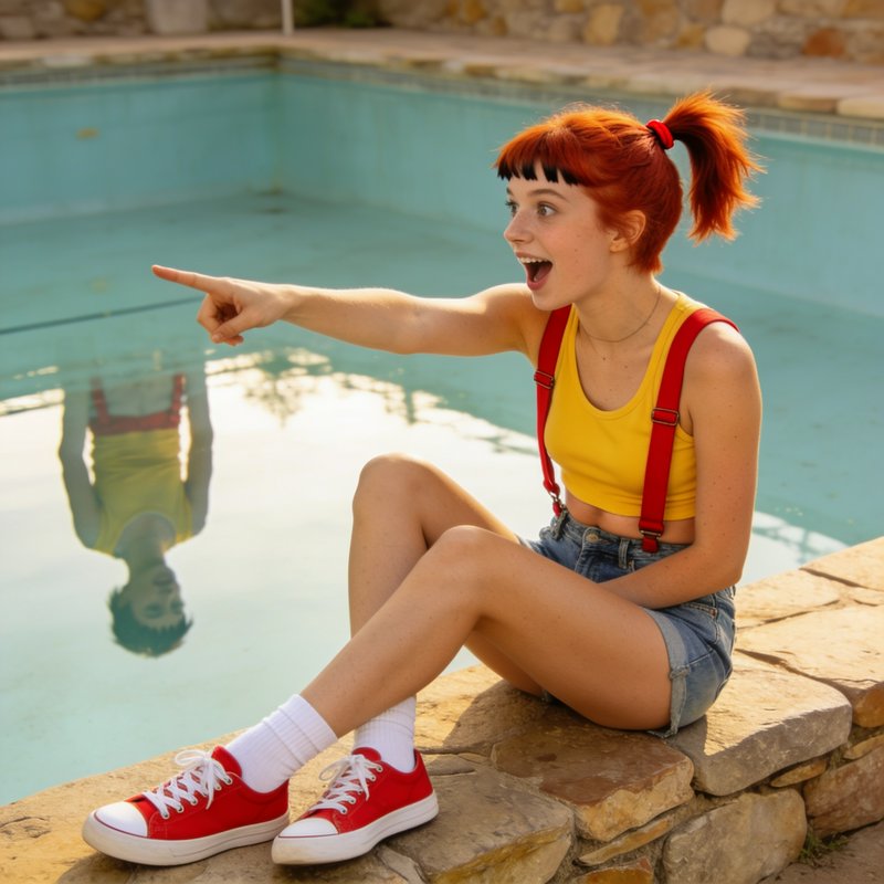 Excited red-haired young woman sits on a stone pool edge pointing, with her reflection visible in...