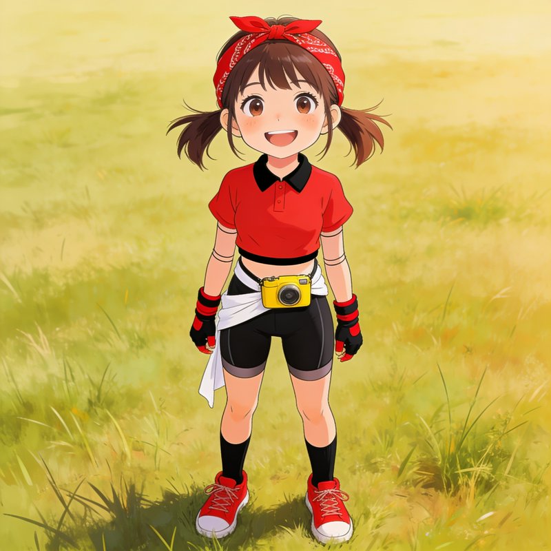 Cheerful young anime girl with pigtails and red bandana stands in a sunlit grassy field, yellow c...