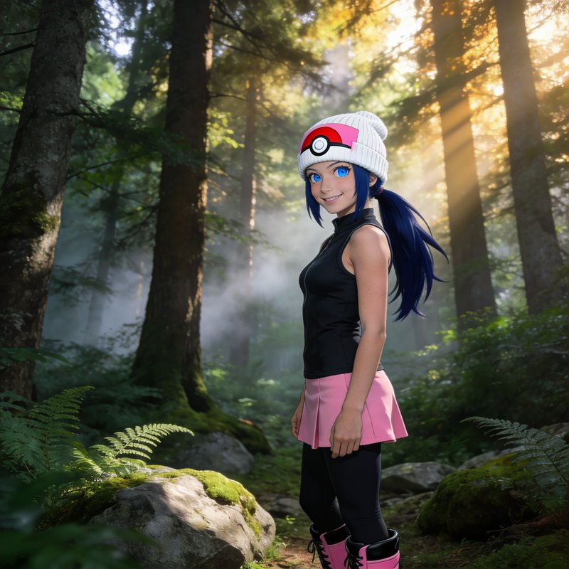 Pokemon trainer character with pokeball knit beanie smiles in sunlit misty evergreen forest