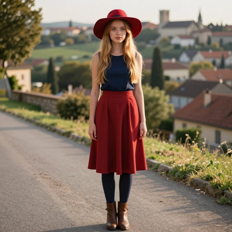 Young woman in red wide-brim hat and midi skirt stands on a sunlit hillside village road at golden hour.