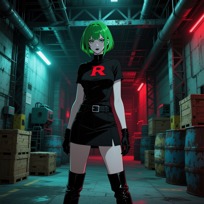Stern anime Team Rocket agent with bright green hair stands in a neon-lit industrial warehouse co...