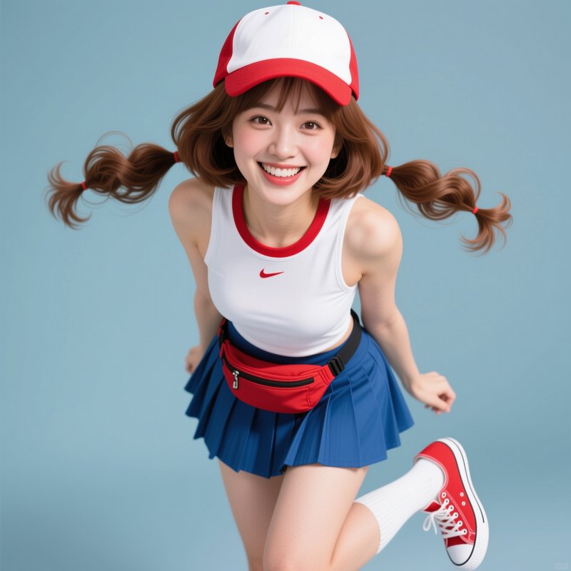 Cheerful young woman in sporty red-white-blue outfit, baseball cap, floating pigtails poses playf...
