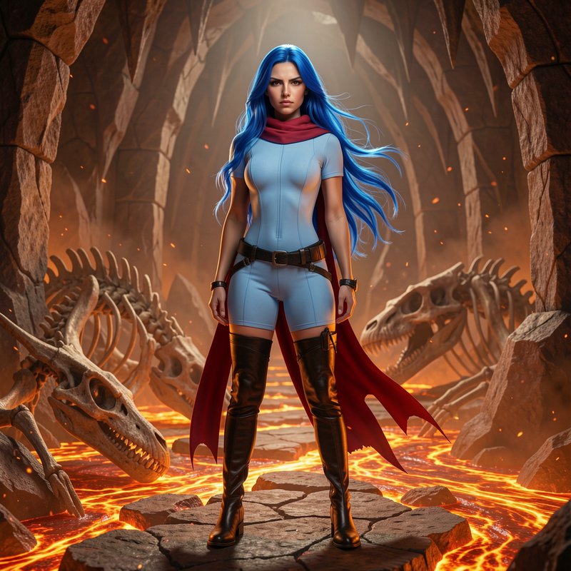 Female fantasy warrior with bright blue hair stands on stone platforms over lava, flanked by drag...