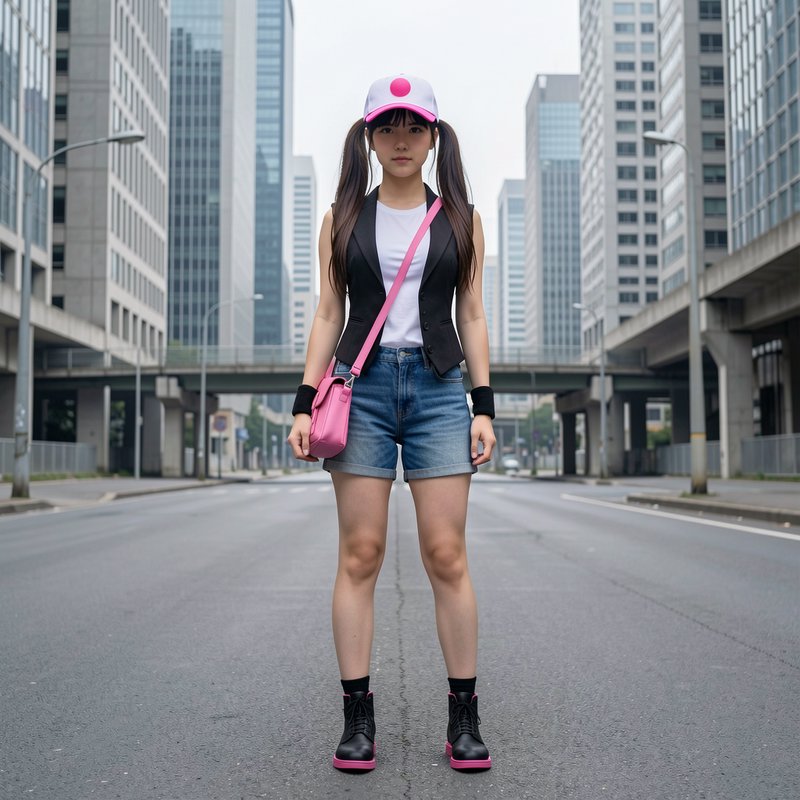 Cosplayer dressed as Pokemon trainer Hilda stands on an empty downtown city street, facing the ca...