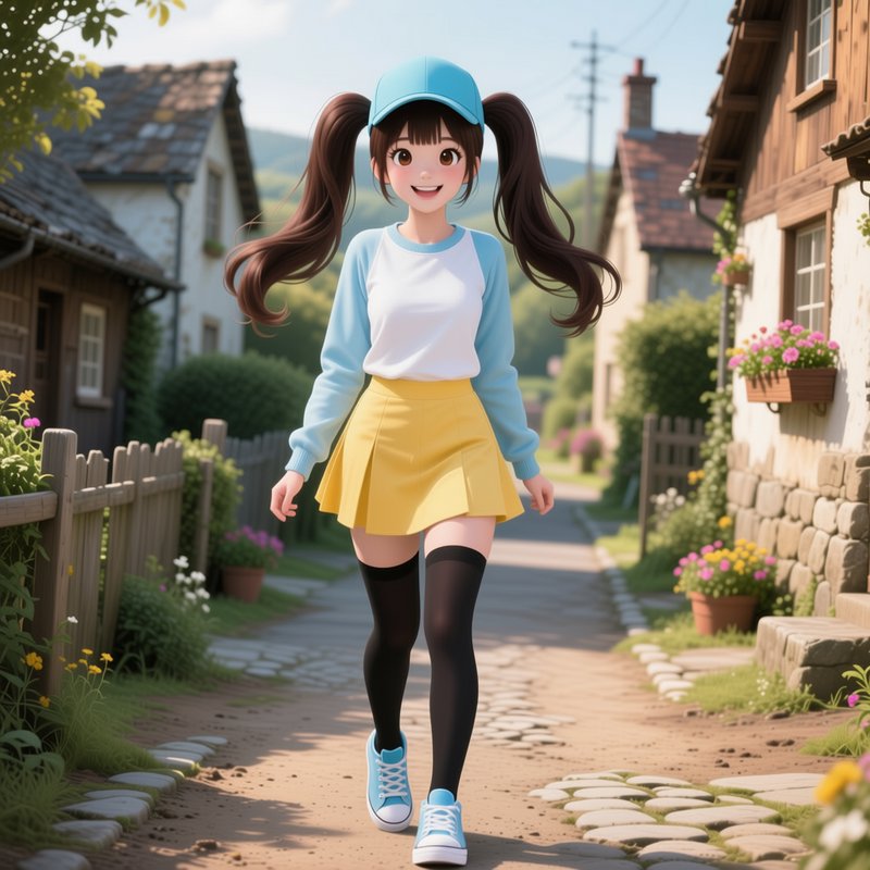 Cheerful anime girl with pigtails and blue cap walks down a sunlit rustic village lane.