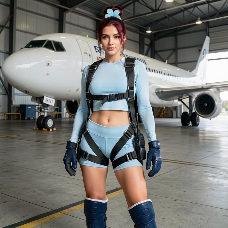 Young woman in light blue tactical skydiving gear stands in an airport hangar with a commercial j...