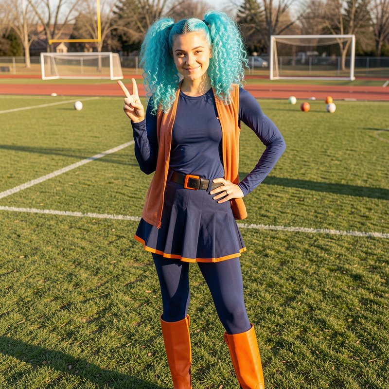 Smiling cosplayer with bright turquoise curly pigtails poses with a peace sign on a sunny soccer ...