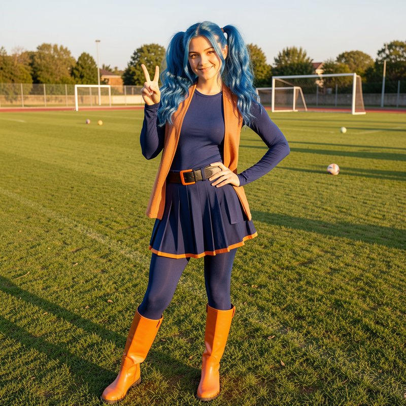 Smiling cosplayer with bright blue pigtails makes a peace sign on a sunlit soccer field at golden...