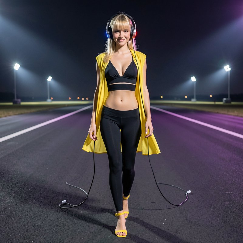 Smiling blonde woman wearing over-ear headphones walks on a floodlit empty highway at night in at...