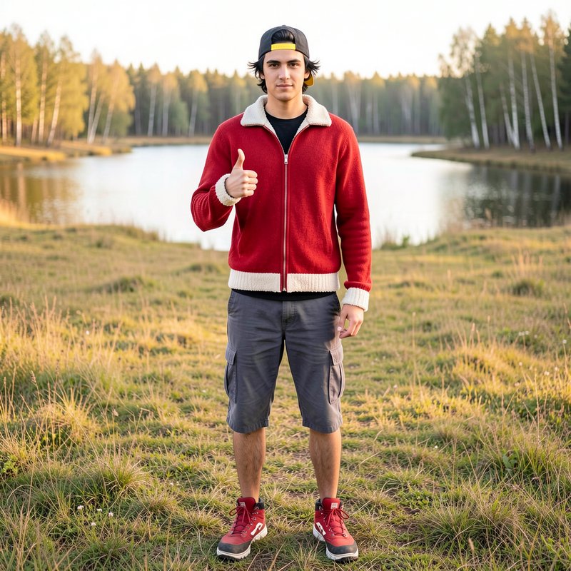 Young man in red fleece jacket gives a thumbs up standing on a grassy lakeside meadow at golden hour