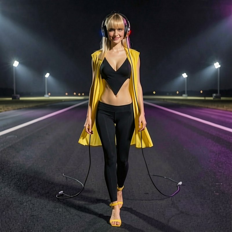 Smiling young blonde woman wearing over-ear headphones walks down a floodlit empty highway at nig...
