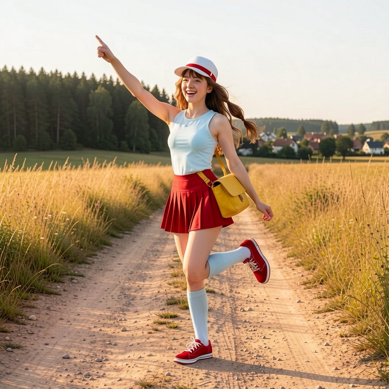 Joyful young woman in retro casual outfit points playfully while standing on a sunlit rural dirt ...