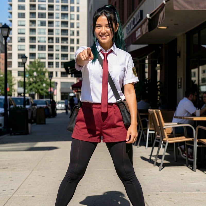 Smiling young woman in school uniform points directly at the viewer on a sunny downtown city side...