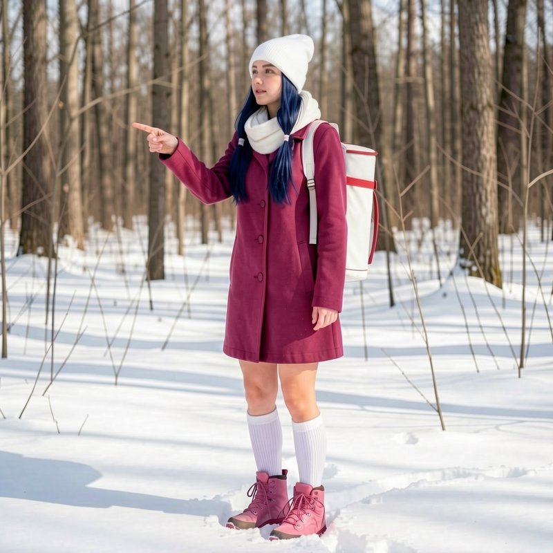 Young woman with long blue hair in winter outerwear points while standing in a sunlit snowy bare ...
