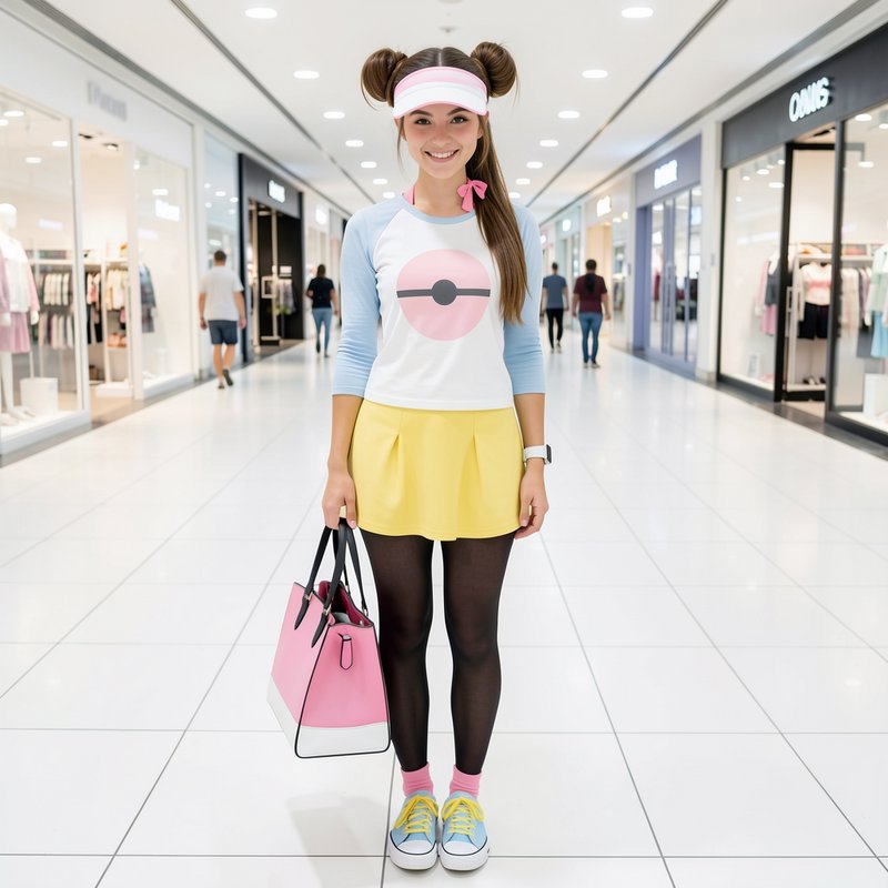 Smiling young woman in pastel Pokemon-themed outfit stands in a bright shopping mall holding a pi...