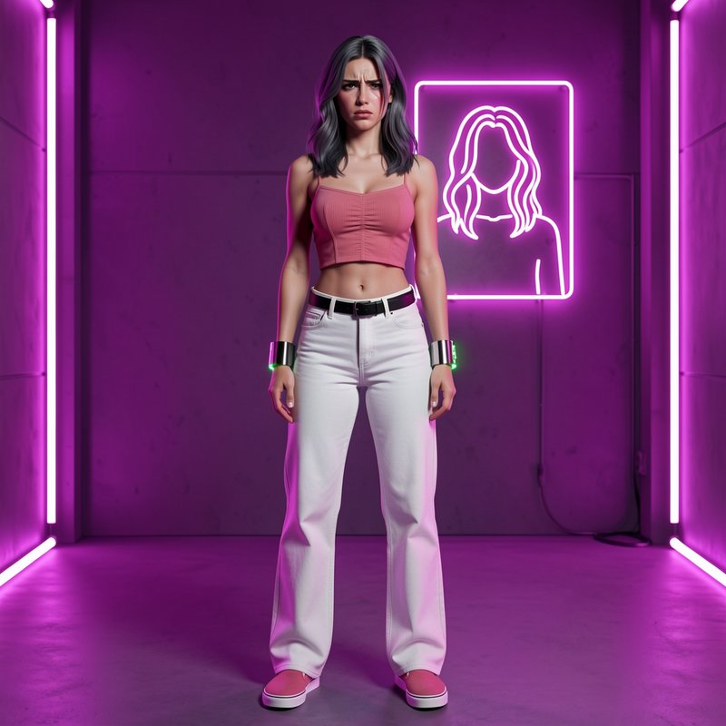 3D rendered stern young woman in a purple neon lit room, wearing casual streetwear and glowing fu...
