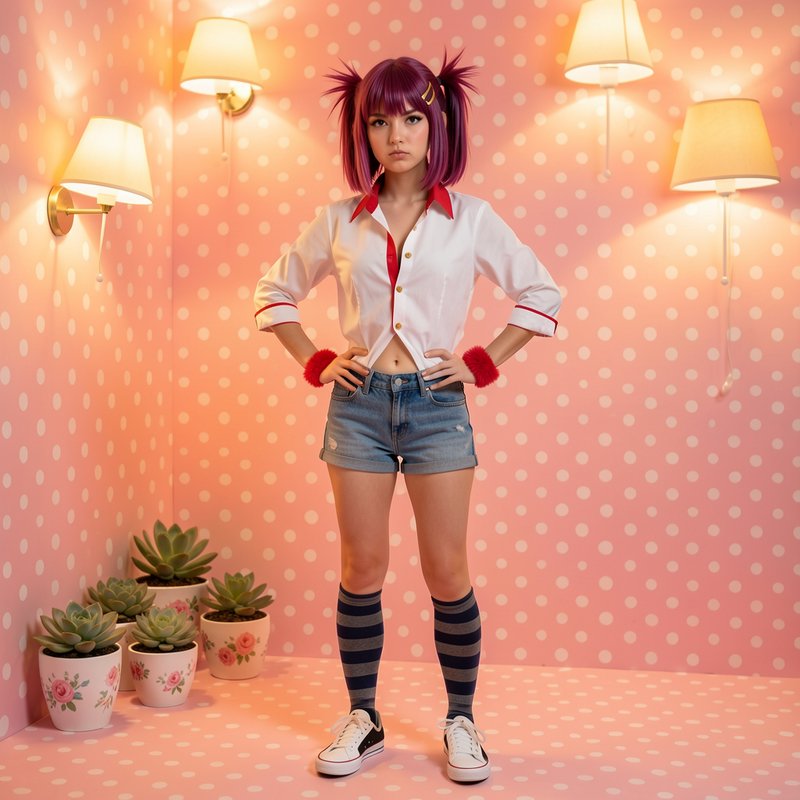 Young female cosplayer with purple spiky pigtails stands hands on hips in a pastel pink polka dot...