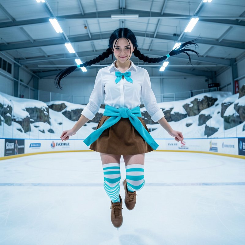 Smiling cosplayer with flying long black braids leaps mid-air on an indoor ice skating rink