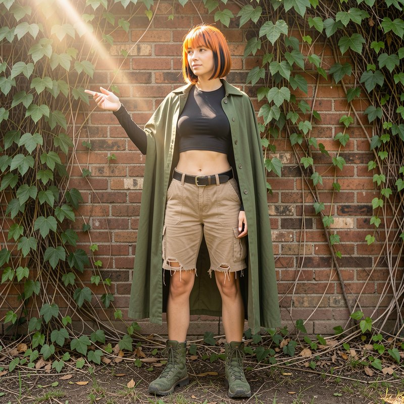 Woman with short orange bob in utility adventure outfit points beside ivy covered brick wall in g...