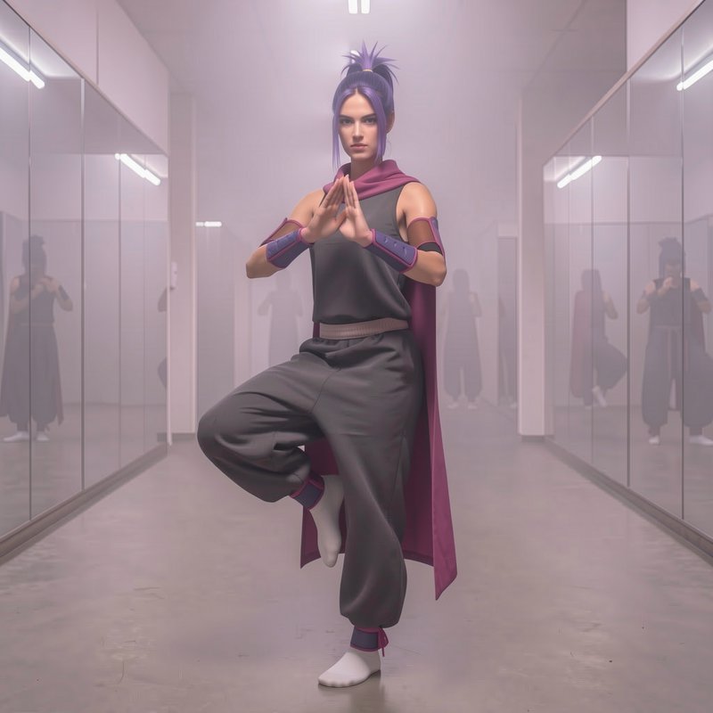 Purple-haired shinobi character stands in a balanced martial arts pose inside a foggy mirrored training hallway