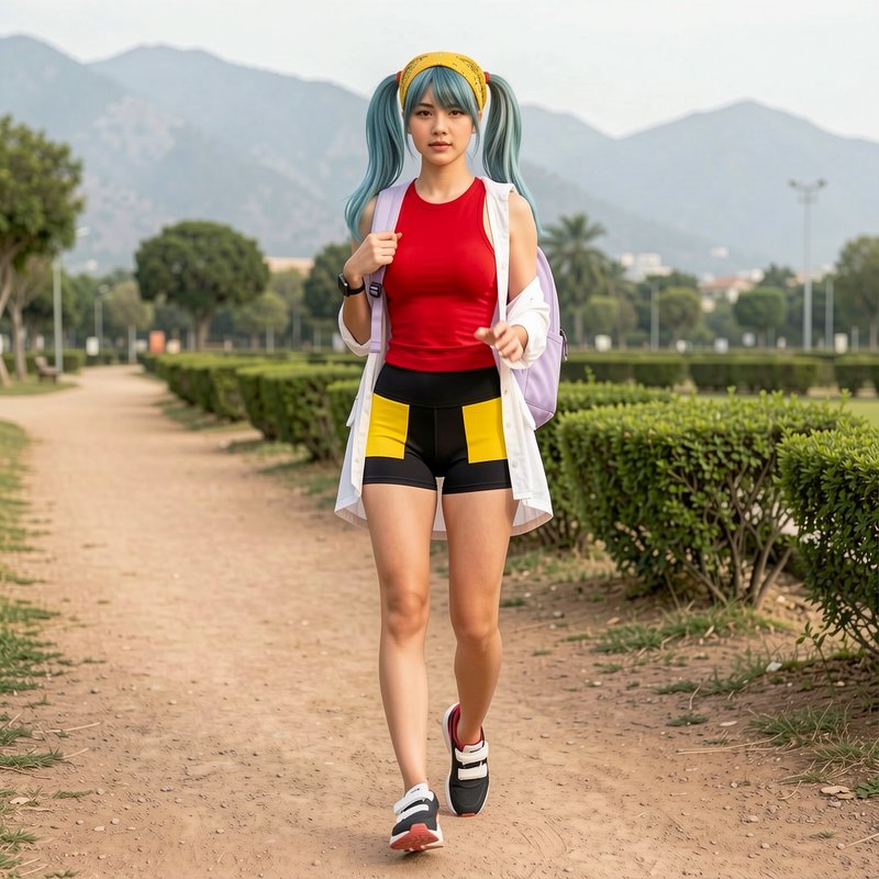 Young woman with light blue twin tail cosplay hair walks along a dirt park trail with distant haz...