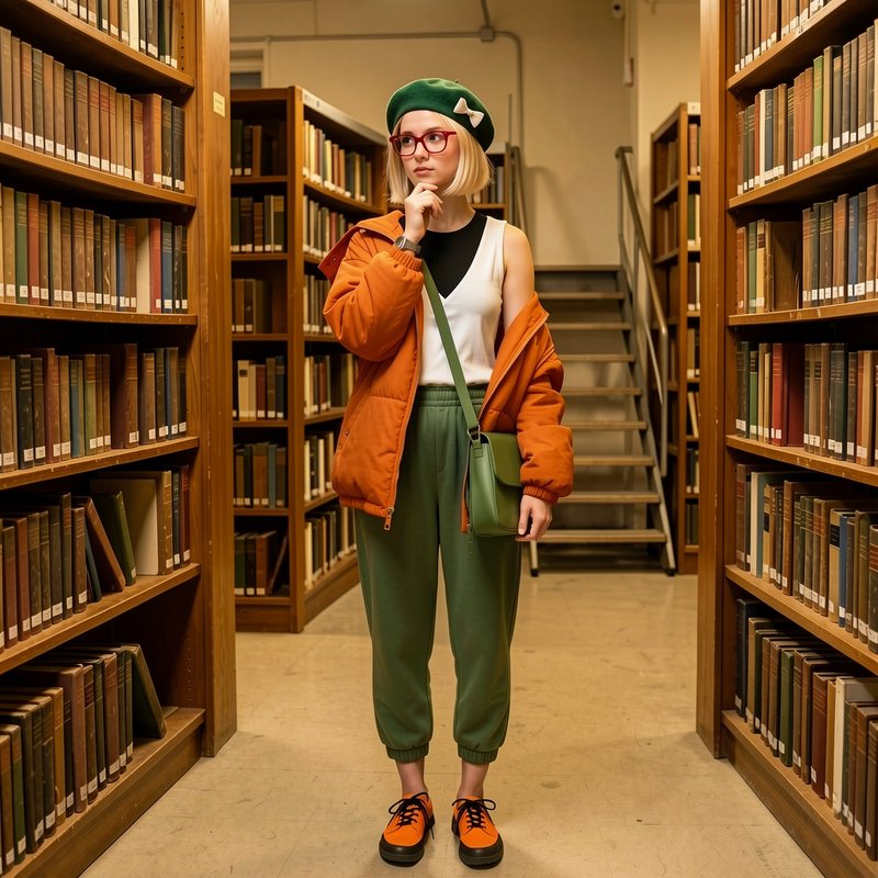 Thoughtful stylish young woman stands between wooden library bookshelves in coordinating green an...