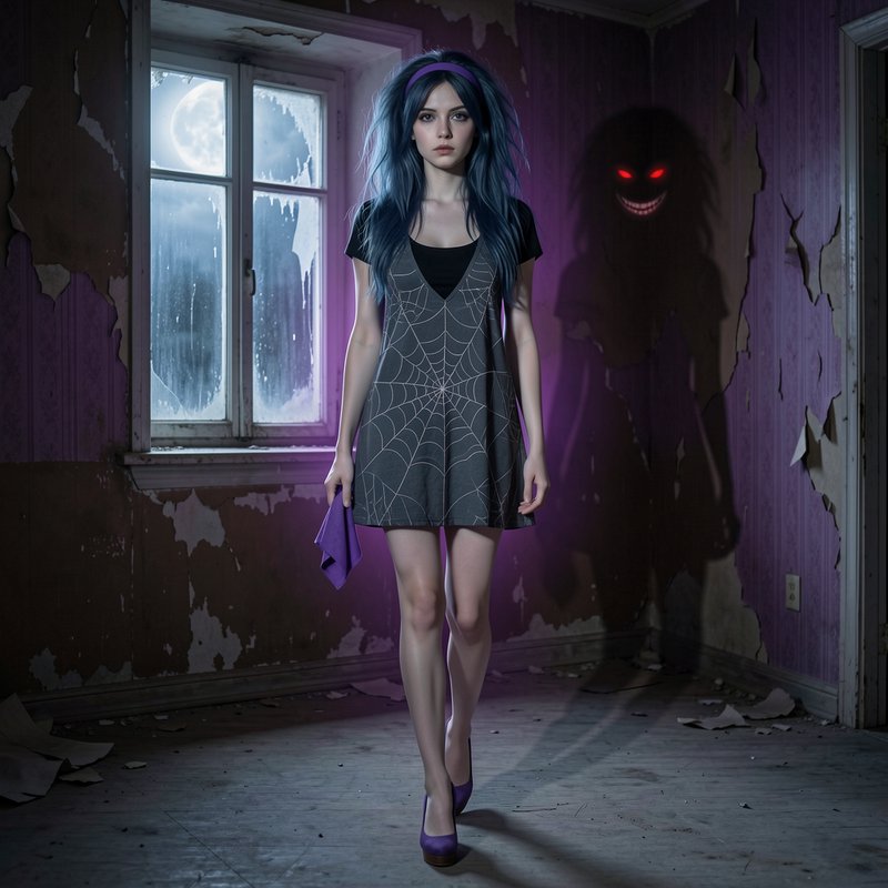 Young woman with blue hair in a spiderweb dress stands in a peeling haunted room as a glowing red-eyed shadow looms behind