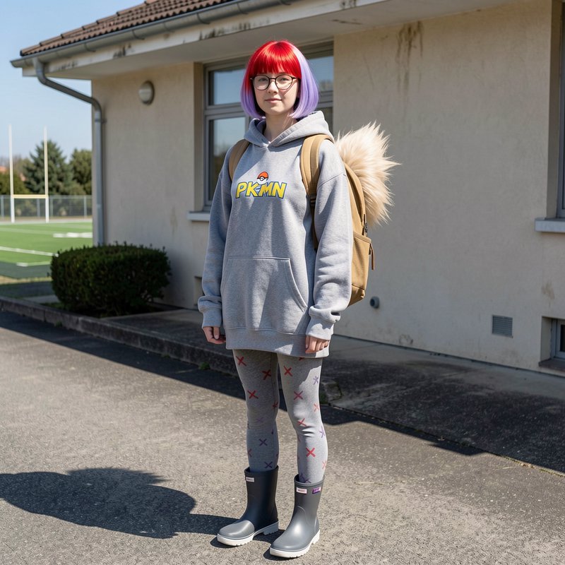 Teen with two-tone red purple hair and Pokemon hoodie stands outside a school campus on a sunny day