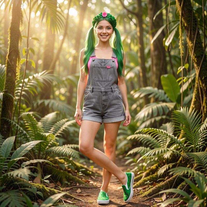 Smiling young woman with bright green pigtails stands on a sunlit rainforest trail