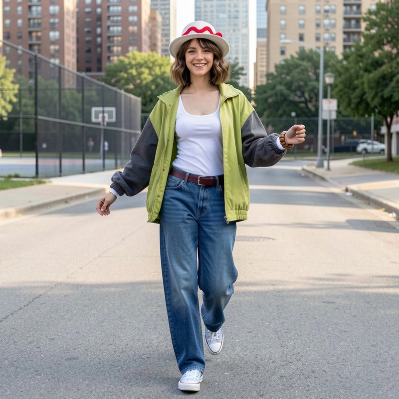 Smiling young woman in casual streetwear and a playful hat walks across a sunlit city residential...