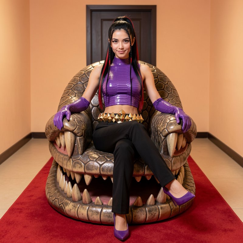 Confident woman in purple cosplay seated on a giant sculpted reptile throne in a carpeted hallway