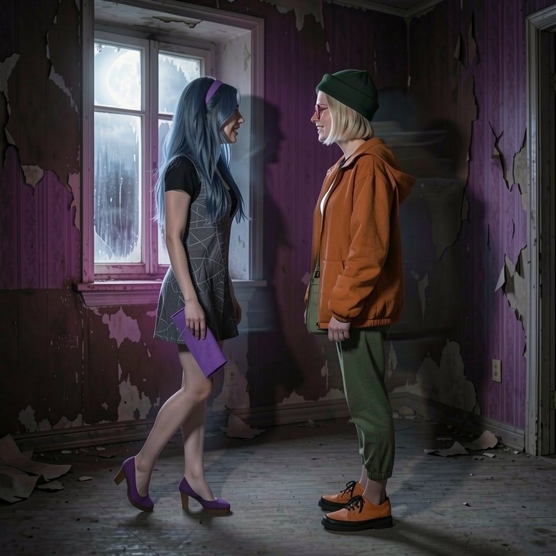 Two women stand smiling face to face inside a dilapidated abandoned room lit by moonlight through...
