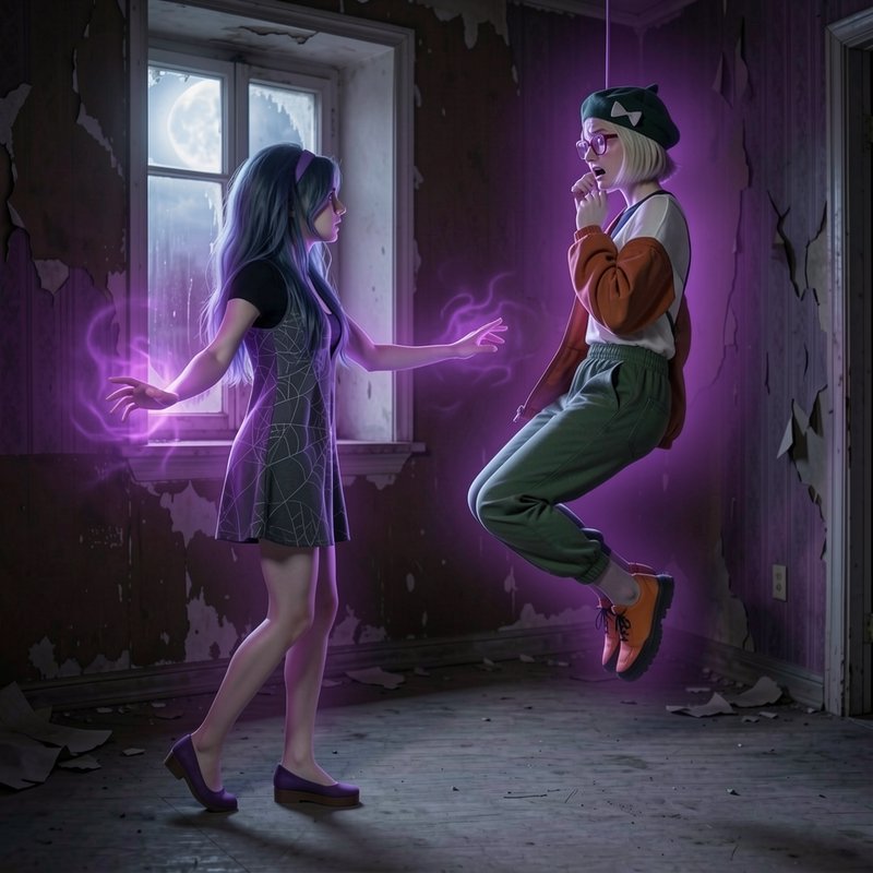 Girl casting glowing purple magic levitates her startled friend inside a peeling abandoned moonli...