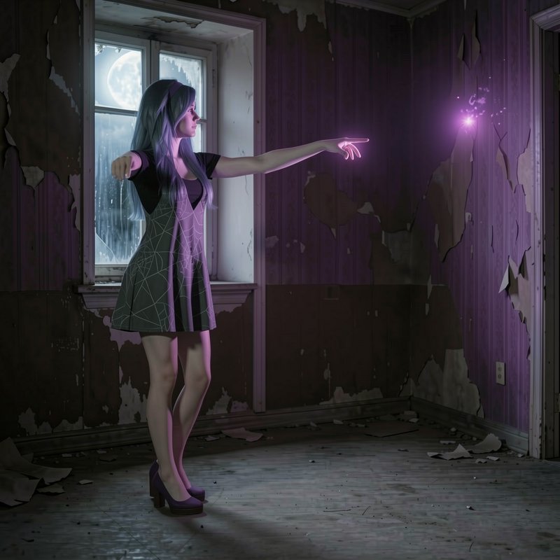 Young purple haired witch casting glowing magic in a dilapidated moonlit abandoned room