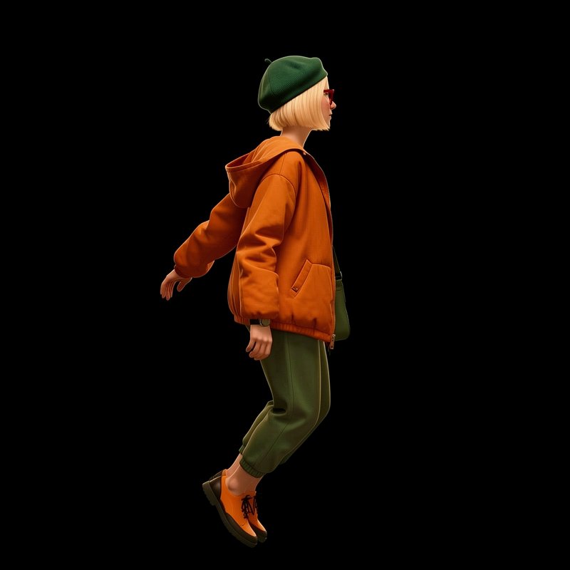 3D rendered stylized young woman in an orange jacket and green beret walking in profile against a...