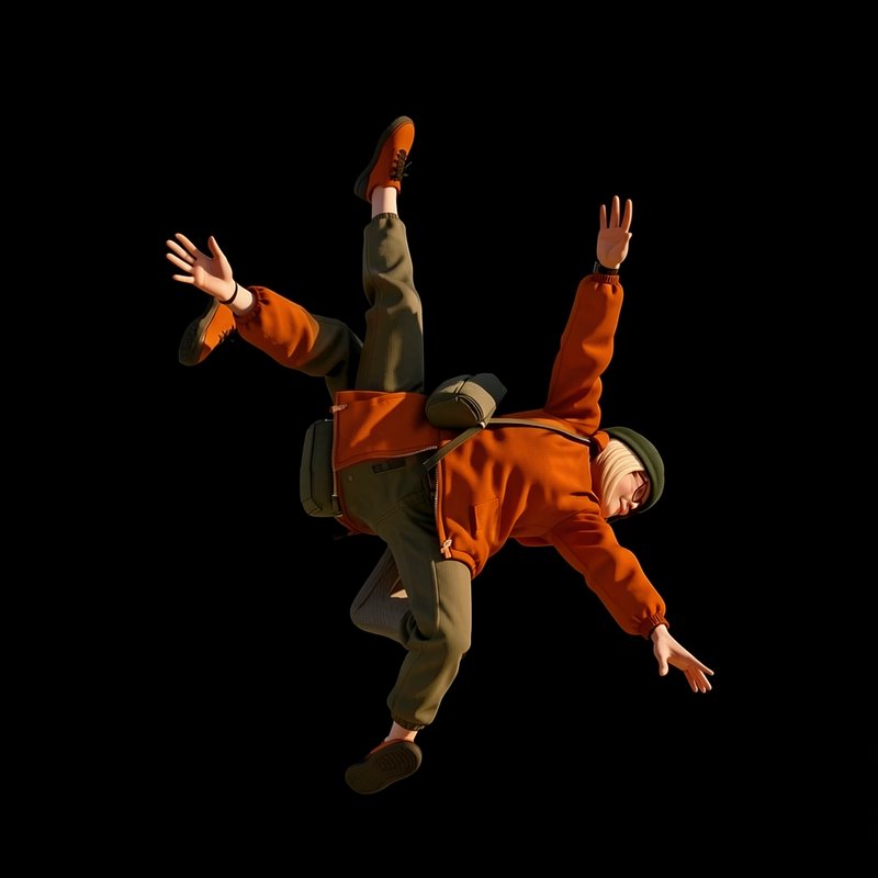 Stylized 3D hiker character tumbling weightless mid-air against a solid black background