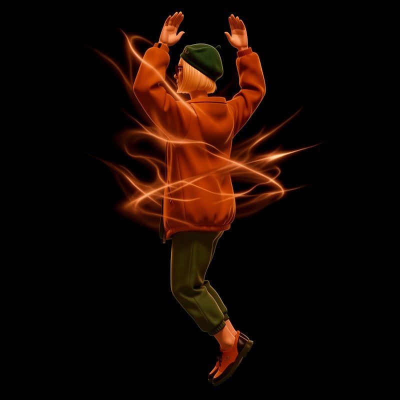 Floating stylized 3D woman with raised hands surrounded by glowing orange light trails against a ...