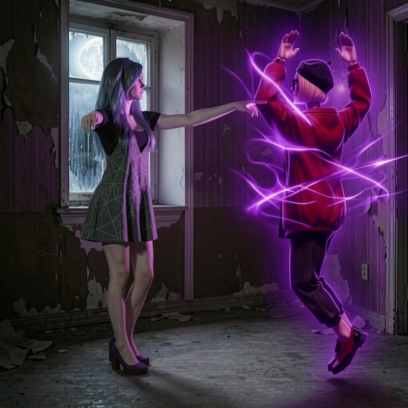 Young woman casts glowing purple magic to levitate another person inside a decaying moonlit aband...