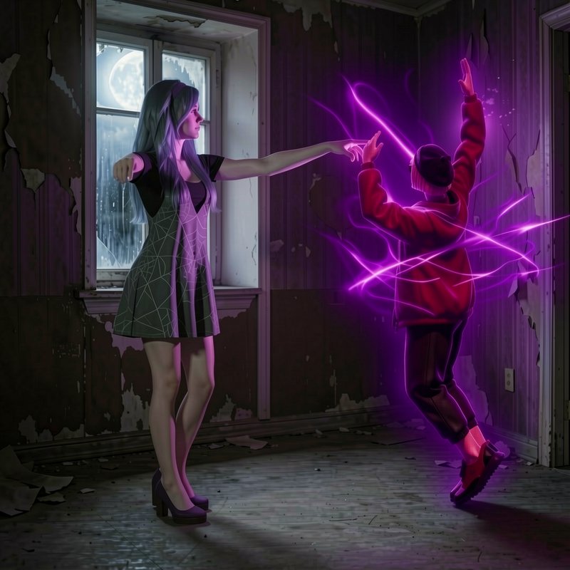 Long-haired woman casts glowing purple magic at a levitating person inside a crumbling moonlit abandoned room