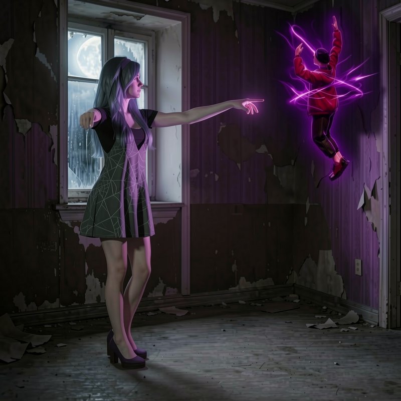 Woman with lavender hair uses glowing purple telekinesis to levitate a person in a decaying abandoned moonlit room