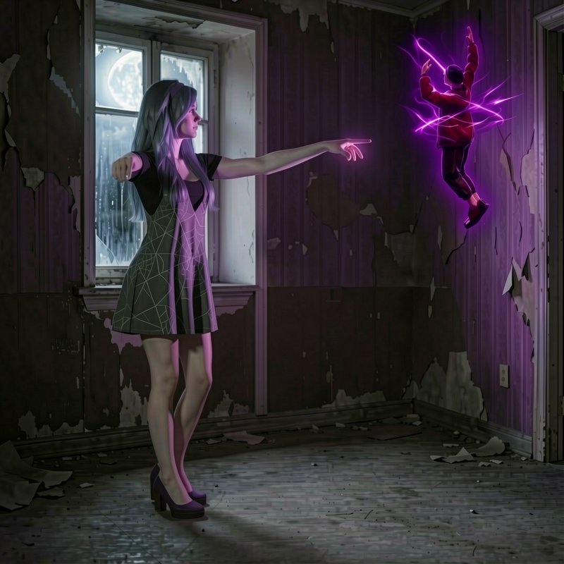 Purple haired woman uses glowing telekinesis to pin a floating person in a decaying abandoned room