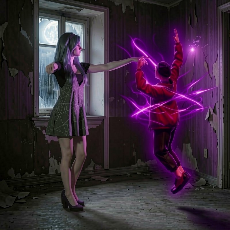 Woman uses purple magical energy to levitate a person in a peeling abandoned moonlit room